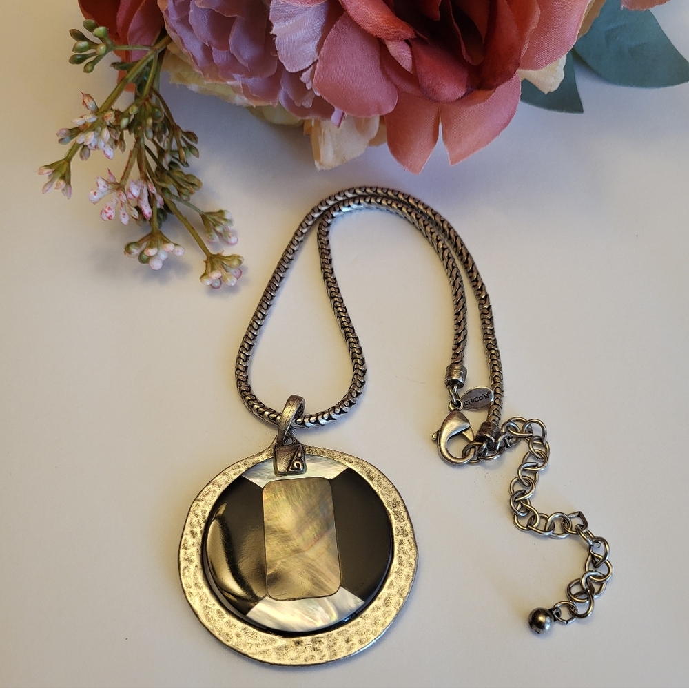 Chico's Necklace Round Hammered Statement Pendant Silvertone Snake Chain 16"
